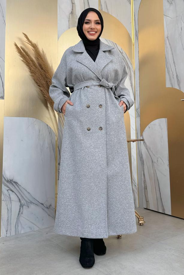 Tesettür giyim GRİ KUŞAKLI MANTO T 1677 - TRENDTESETTÜR