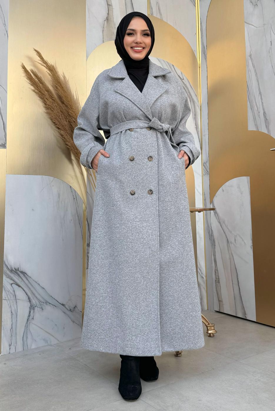Tesettür giyim GRİ KUŞAKLI MANTO T 1677