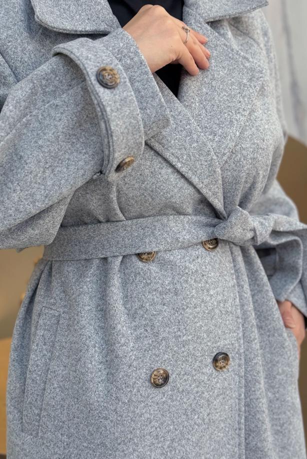 Tesettür giyim GRİ KUŞAKLI MANTO T 1677 - TRENDTESETTÜR