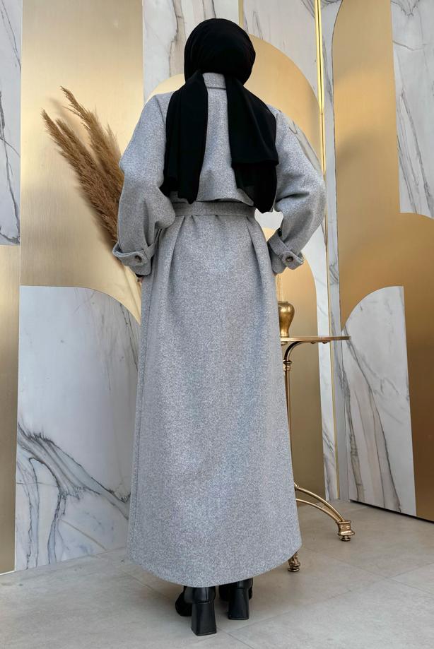 Tesettür giyim GRİ KUŞAKLI MANTO T 1677 - TRENDTESETTÜR