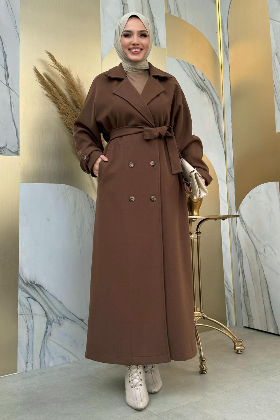 Tesettür giyim KAHVE KUŞAKLI MANTO T 1677