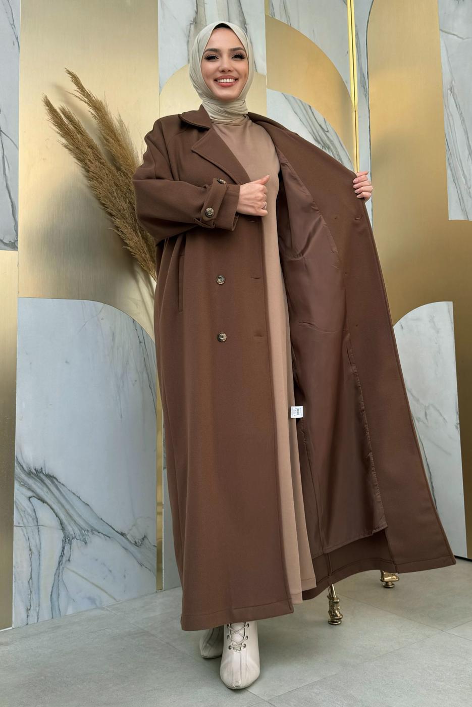 Tesettür giyim KAHVE KUŞAKLI MANTO T 1677