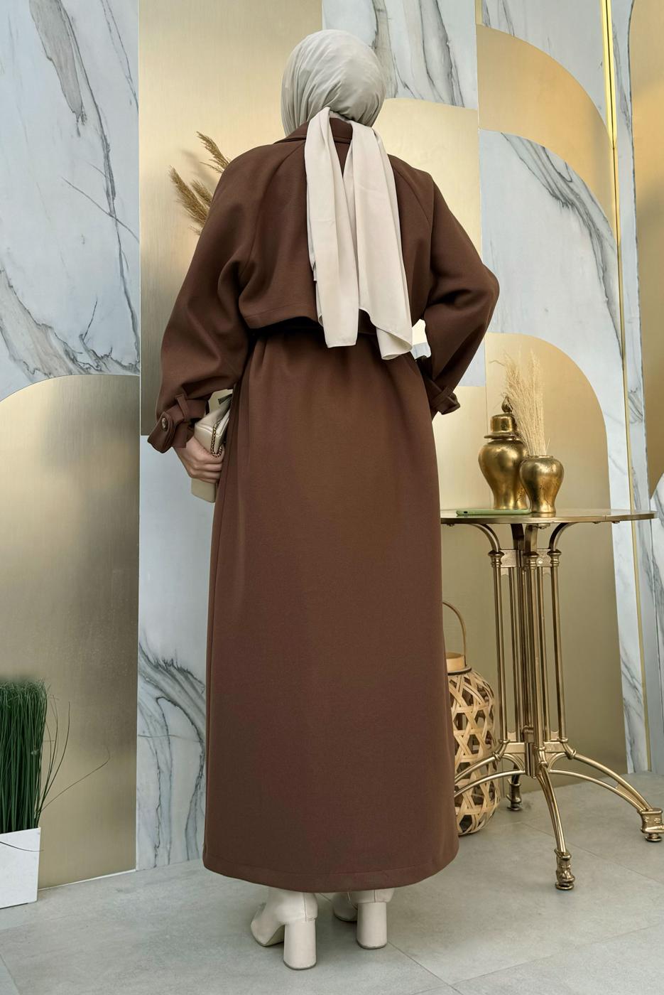 Tesettür giyim KAHVE KUŞAKLI MANTO T 1677