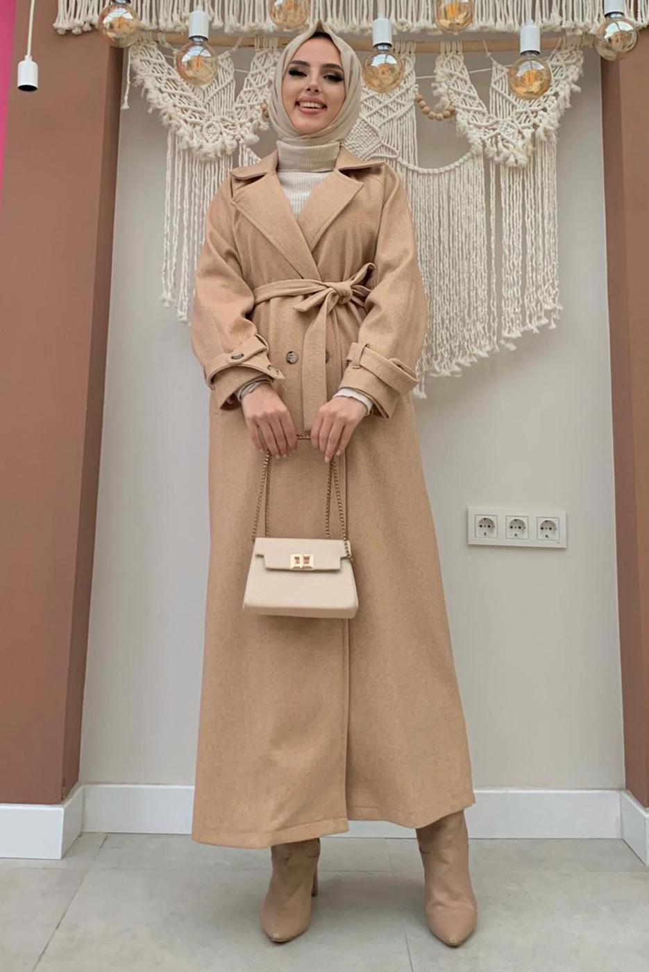 Tesettür giyim TABA KUŞAKLI MANTO T 1677