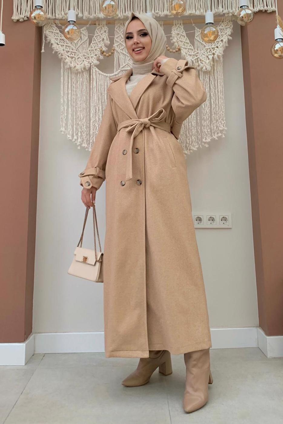 Tesettür giyim TABA KUŞAKLI MANTO T 1677