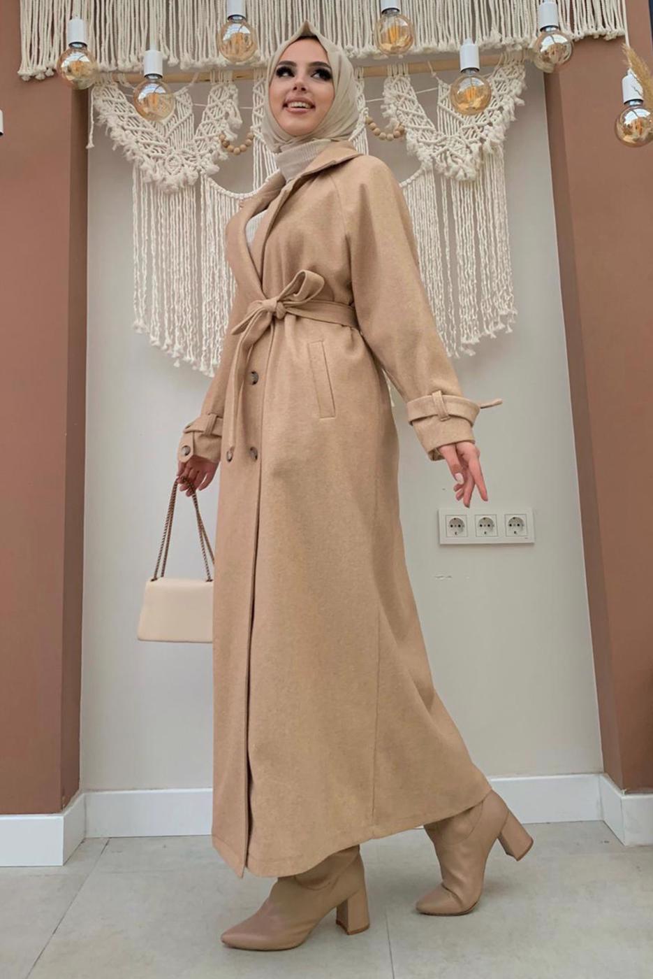 Tesettür giyim TABA KUŞAKLI MANTO T 1677