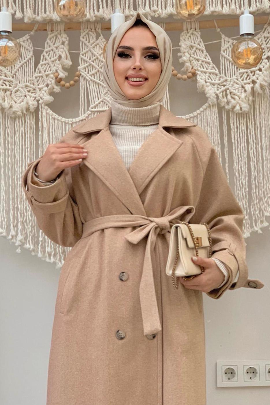 Tesettür giyim TABA KUŞAKLI MANTO T 1677