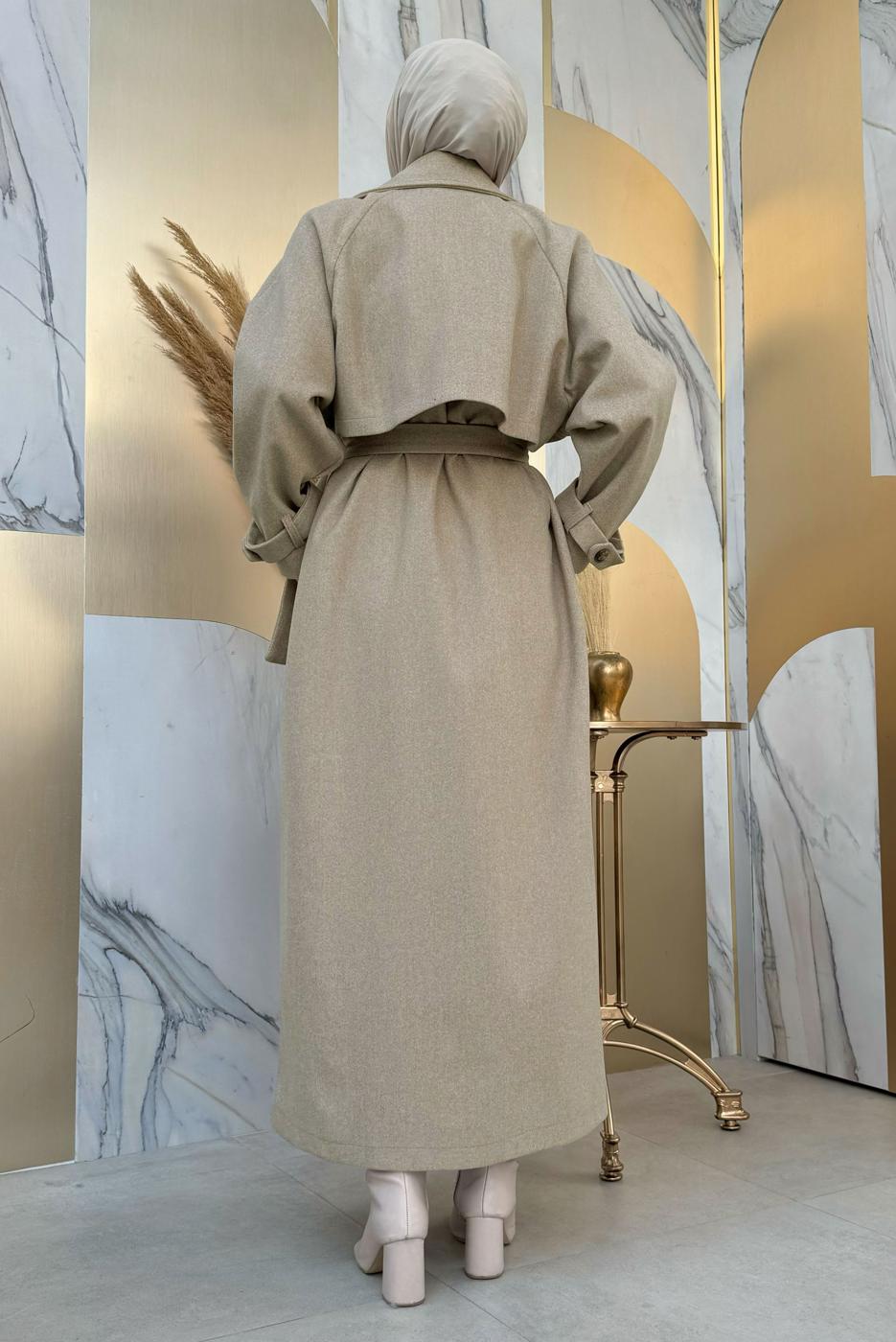 Tesettür giyim VİZON KUŞAKLI MANTO T 1677