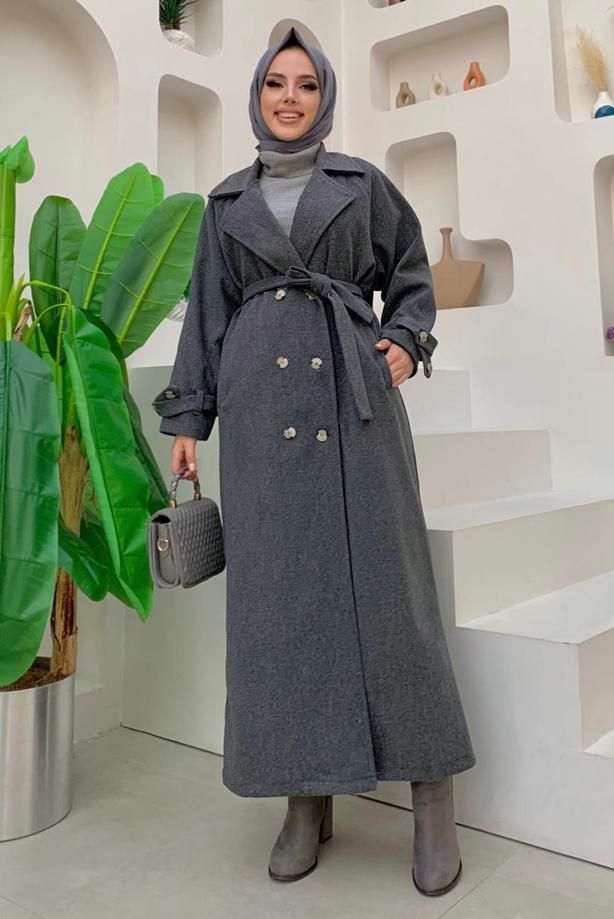 Tesettür giyim GRİ KUŞAKLI MANTO T 1677 - TRENDTESETTÜR