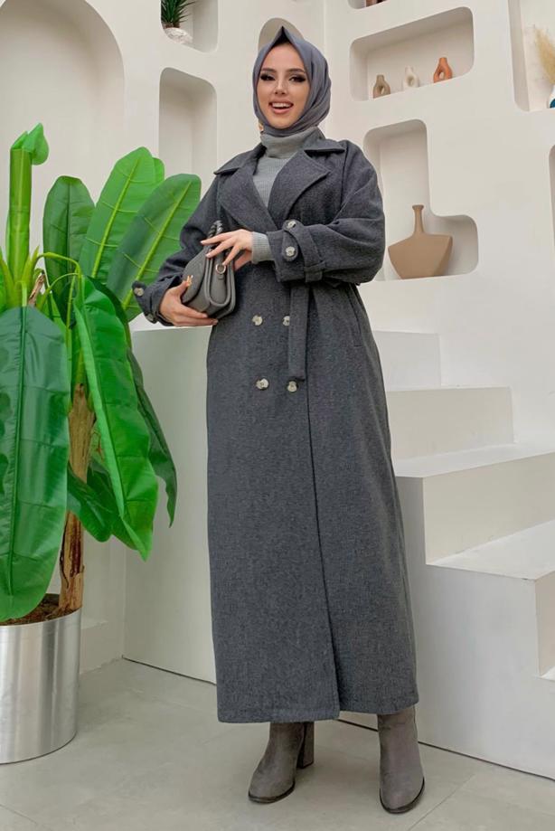 Tesettür giyim GRİ KUŞAKLI MANTO T 1677 - TRENDTESETTÜR