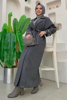Tesettür giyim GRİ KUŞAKLI MANTO T 1677
