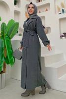 Tesettür giyim GRİ KUŞAKLI MANTO T 1677