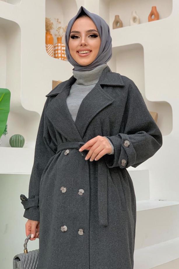 Tesettür giyim GRİ KUŞAKLI MANTO T 1677 - TRENDTESETTÜR