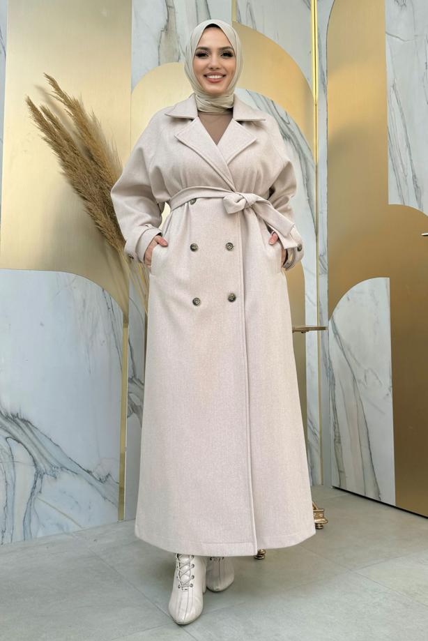 Tesettür giyim BEJ KUŞAKLI MANTO T 1677 - TRENDTESETTÜR