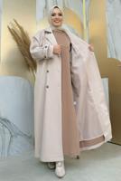 Tesettür giyim BEJ KUŞAKLI MANTO T 1677
