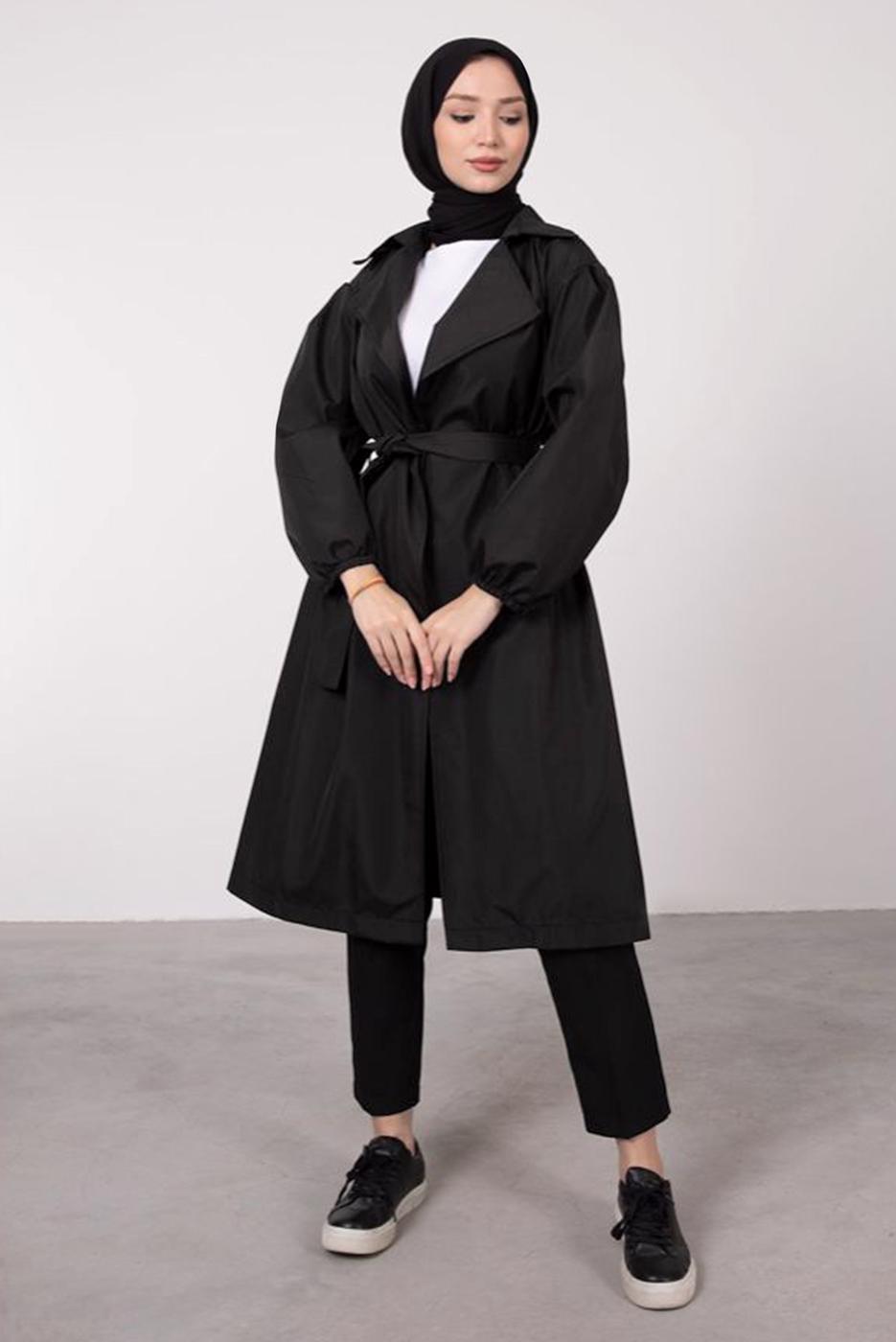 Vêtements hijab NOIR TRENCH-COAT CEINTURE AVEC POIGNETS ELASTIQUE T 9285