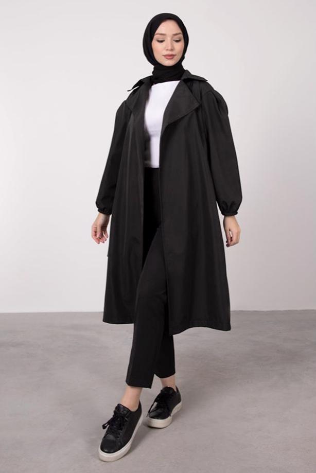 Tesettür giyim  MANŞETLERİ LASTİKLİ KUŞAKLI TRENÇKOT T 9285	 - TRENDTESETTÜR