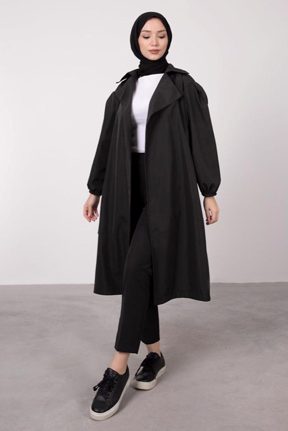 Vêtements hijab NOIR TRENCH-COAT CEINTURE AVEC POIGNETS ELASTIQUE T 9285