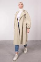 Tesettür giyim BEJ MANŞETLERİ LASTİKLİ KUŞAKLI TRENÇKOT T 9285	