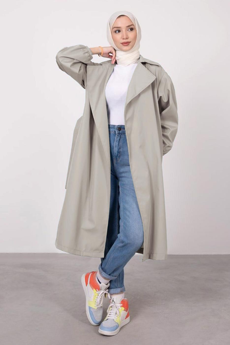 Tesettür giyim BEJ MANŞETLERİ LASTİKLİ KUŞAKLI TRENÇKOT T 9285	
