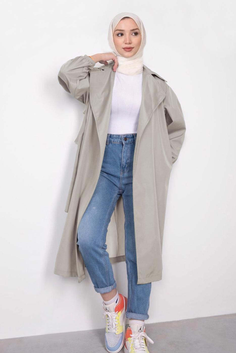Tesettür giyim BEJ MANŞETLERİ LASTİKLİ KUŞAKLI TRENÇKOT T 9285	
