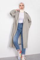 Tesettür giyim BEJ MANŞETLERİ LASTİKLİ KUŞAKLI TRENÇKOT T 9285	