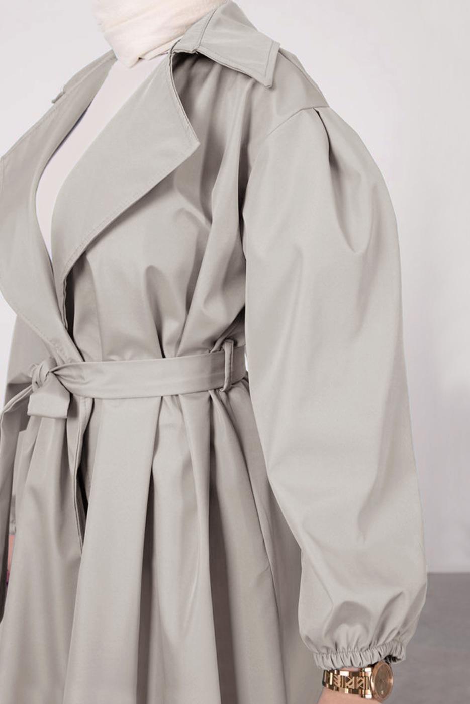 Tesettür giyim BEJ MANŞETLERİ LASTİKLİ KUŞAKLI TRENÇKOT T 9285	