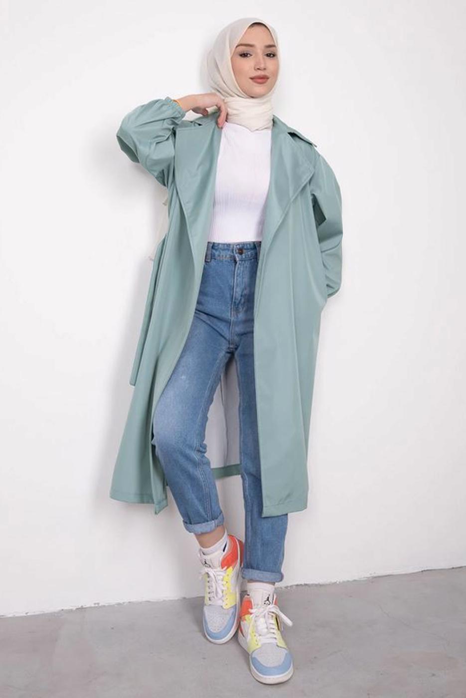 Vêtements hijab BLEU TRENCH-COAT CEINTURE AVEC POIGNETS ELASTIQUE T 9285