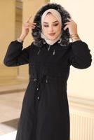 Tesettür giyim SİYAH BELİ BÜZGÜLÜ KAPÜŞONLU KABAN 0057