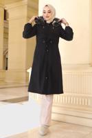 Tesettür giyim SİYAH BELİ BÜZGÜLÜ KAPÜŞONLU KABAN 0057