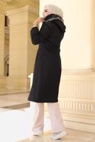 Tesettür giyim SİYAH BELİ BÜZGÜLÜ KAPÜŞONLU KABAN 0057