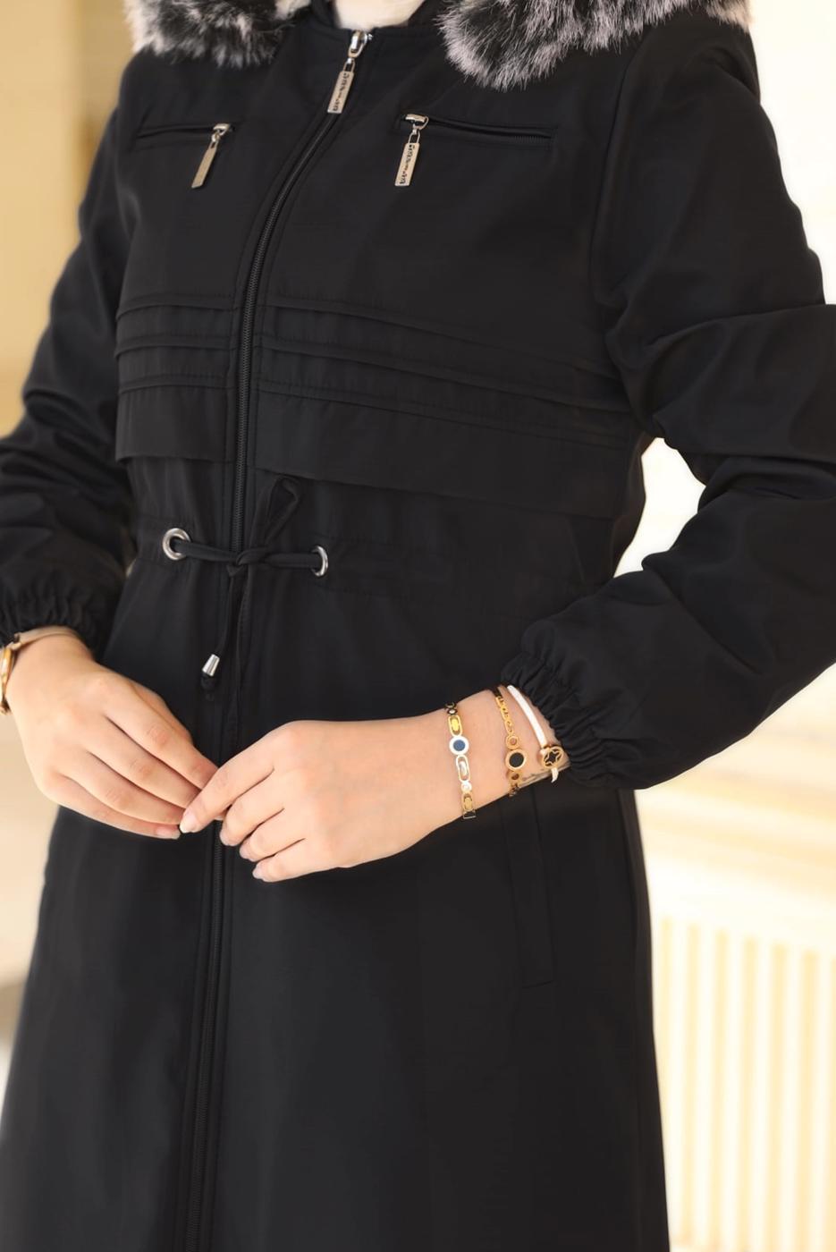 Tesettür giyim SİYAH BELİ BÜZGÜLÜ KAPÜŞONLU KABAN 0057