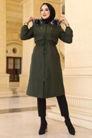 Tesettür giyim HAKİ BELİ BÜZGÜLÜ KAPÜŞONLU KABAN 0057