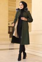 Tesettür giyim HAKİ BELİ BÜZGÜLÜ KAPÜŞONLU KABAN 0057