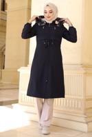 Tesettür giyim LACİVERT BELİ BÜZGÜLÜ KAPÜŞONLU KABAN 0057