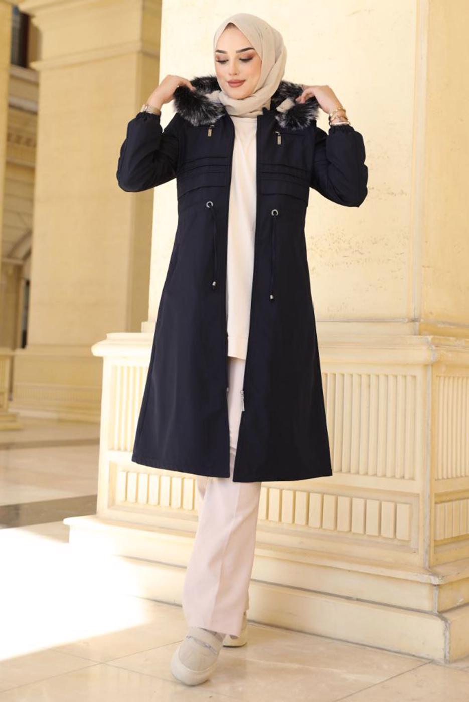 Tesettür giyim LACİVERT BELİ BÜZGÜLÜ KAPÜŞONLU KABAN 0057