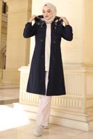Tesettür giyim LACİVERT BELİ BÜZGÜLÜ KAPÜŞONLU KABAN 0057