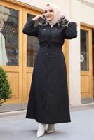 Hijab clothing BLACK SMOCKING WAIST HOODED COAT 0267