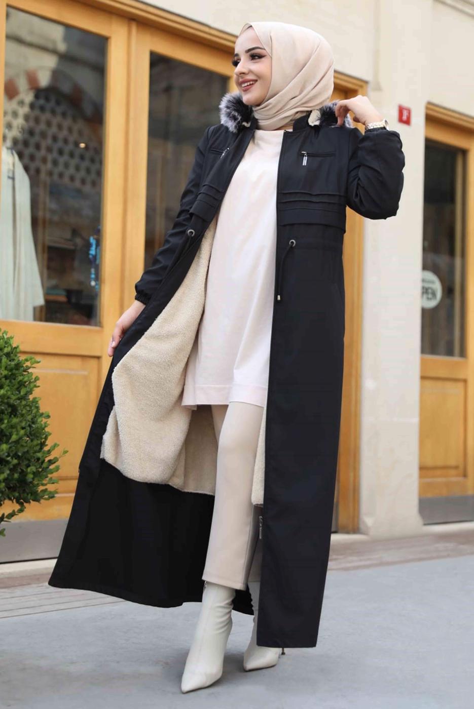 Hijab clothing BLACK SMOCKING WAIST HOODED COAT 0267