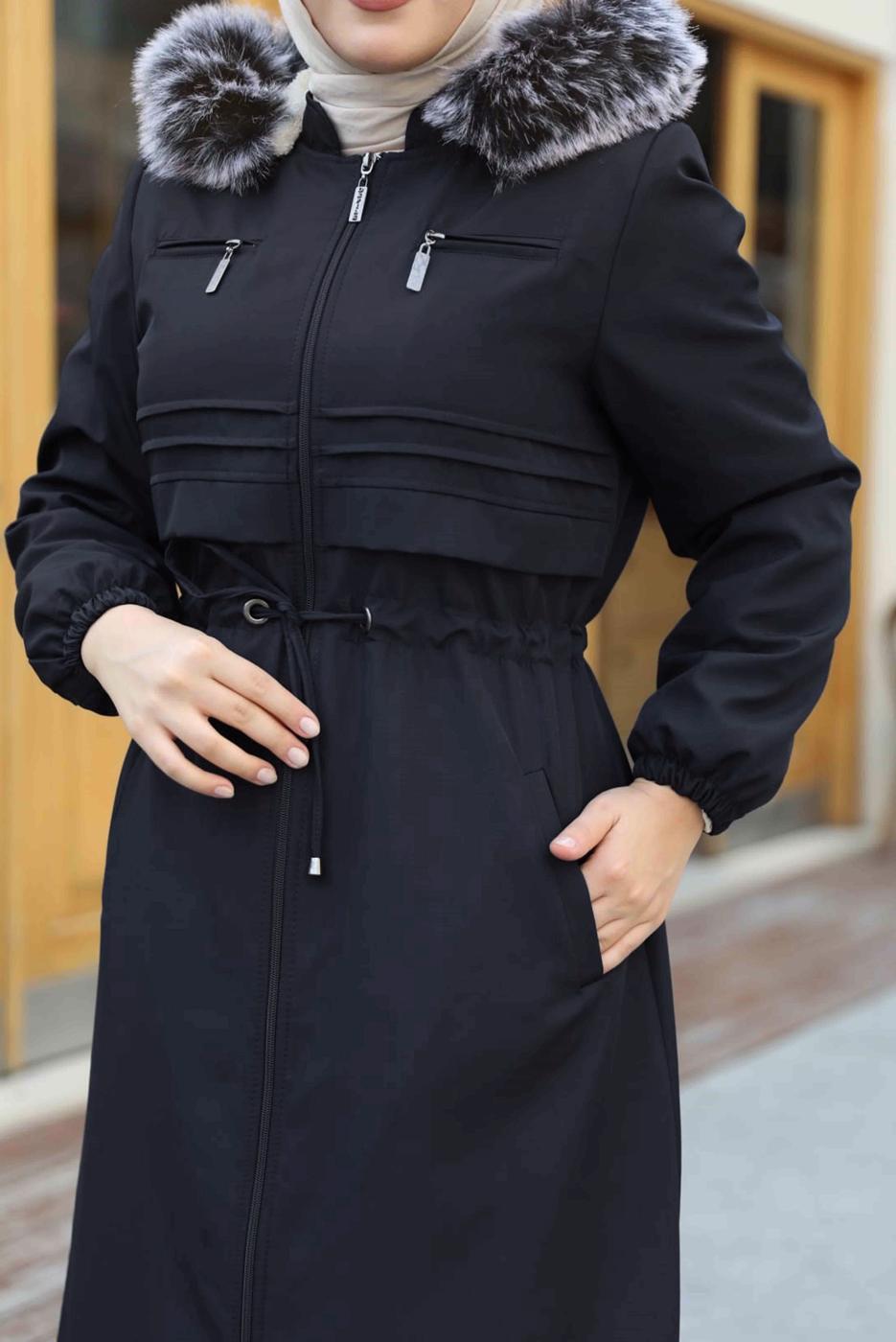 Hijab clothing BLACK SMOCKING WAIST HOODED COAT 0267