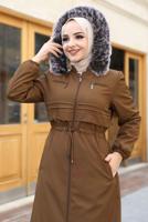 Tesettür giyim KAHVE BELİ BÜZGÜLÜ KAPÜŞONLU KABAN 0267