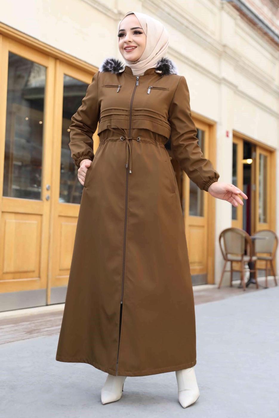 Tesettür giyim KAHVE BELİ BÜZGÜLÜ KAPÜŞONLU KABAN 0267