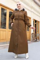 Tesettür giyim KAHVE BELİ BÜZGÜLÜ KAPÜŞONLU KABAN 0267