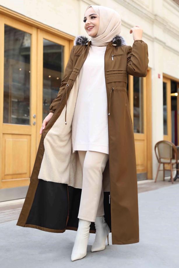 Tesettür giyim  BELİ BÜZGÜLÜ KAPÜŞONLU KABAN 0267 - TRENDTESETTÜR