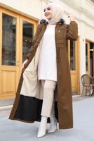 Tesettür giyim KAHVE BELİ BÜZGÜLÜ KAPÜŞONLU KABAN 0267