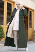 Tesettür giyim HAKİ BELİ BÜZGÜLÜ KAPÜŞONLU KABAN 0267