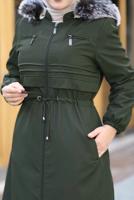 Tesettür giyim HAKİ BELİ BÜZGÜLÜ KAPÜŞONLU KABAN 0267