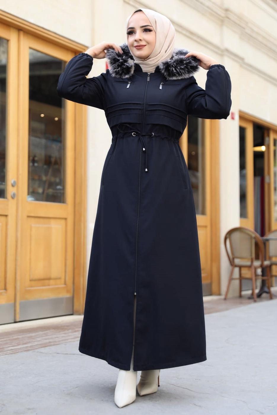 Hijab clothing NAVY BLUE SMOCKING WAIST HOODED COAT 0267