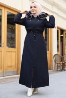 Hijab clothing NAVY BLUE SMOCKING WAIST HOODED COAT 0267