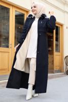 Hijab clothing NAVY BLUE SMOCKING WAIST HOODED COAT 0267
